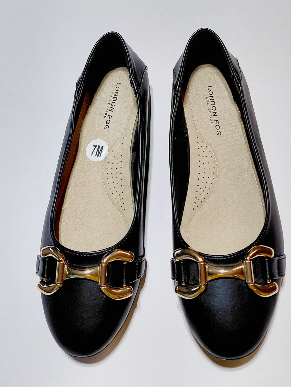 LONDON FOG Women's Black Ballet Flats with Gold Metallic Vamp Hardware Size 7M